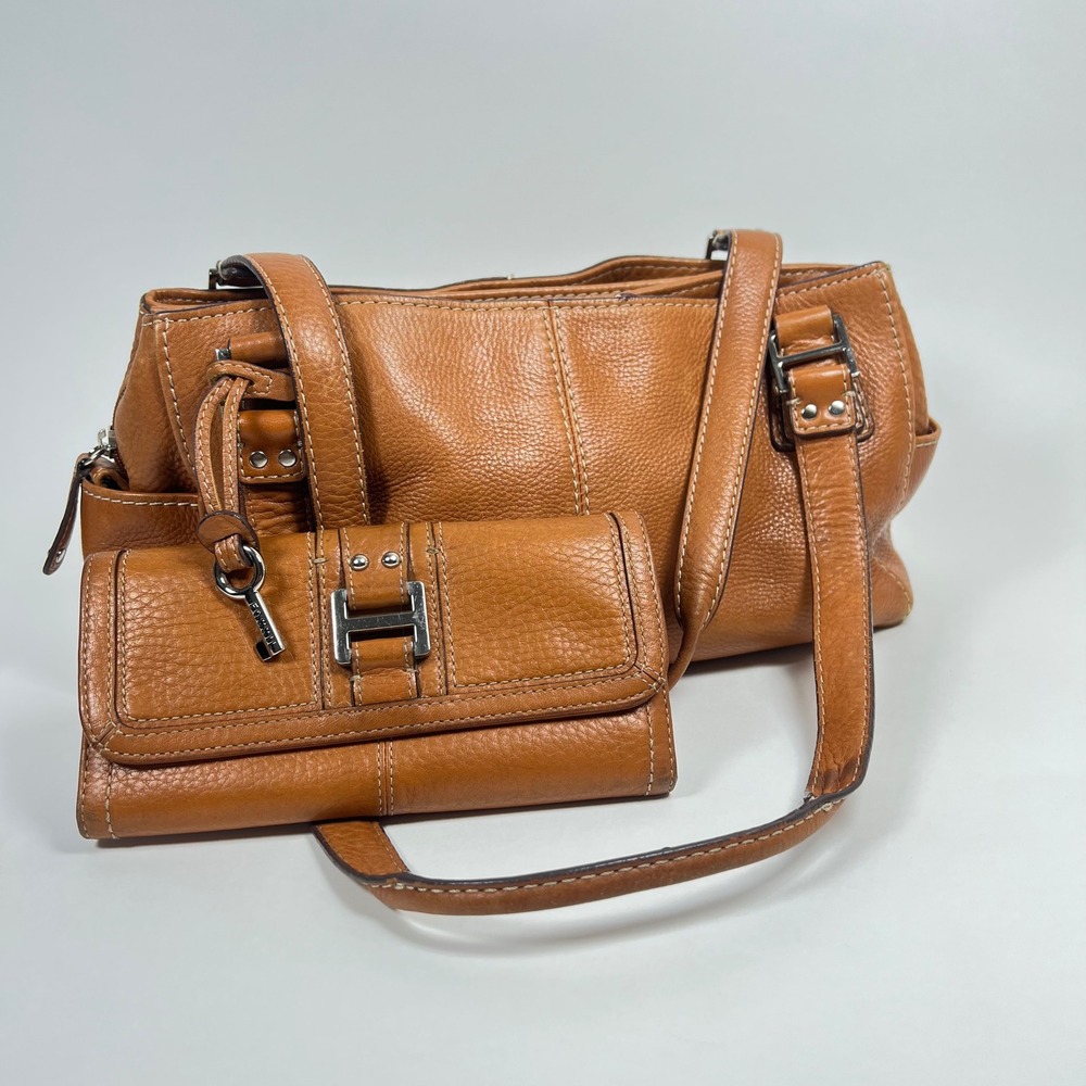 Vintage Fossil Pebbled Leather Shoulder Bag and Wallet Set Cognac Brown